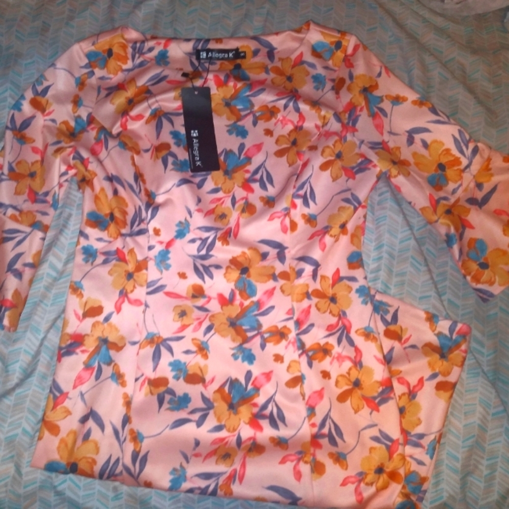 Allegra K dress floral  midi silk 3/4sleeves nwt ladies small